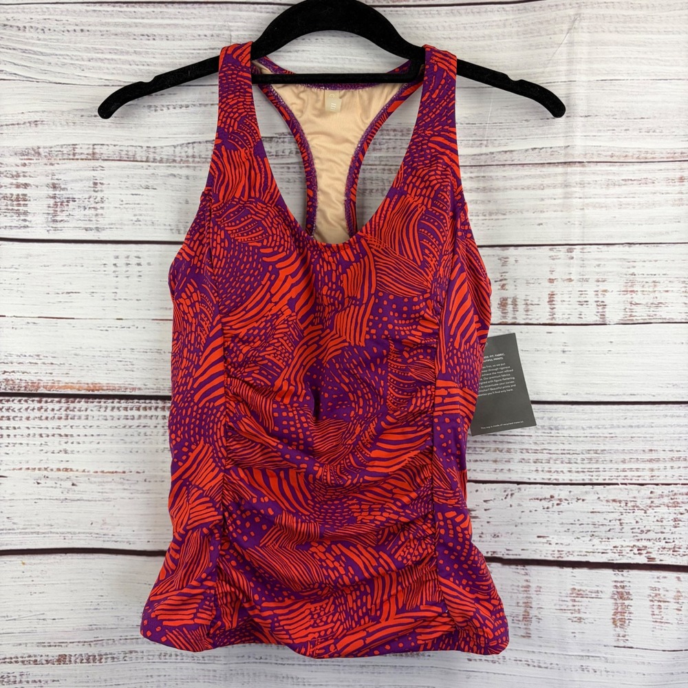 NWT Garnet Hill Active Tankini Top Purple Orange Print Ruched Racerback size 4